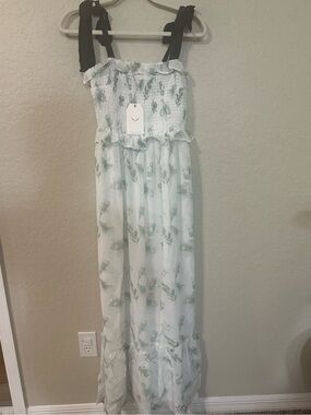 Free the Roses White Maxi Dress w/ Black Tie Straps and Green Floral Print NWT p